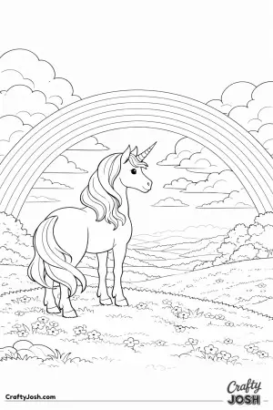 Under a wide rainbow, this unicorn enjoys a warm, peaceful moment in an open field