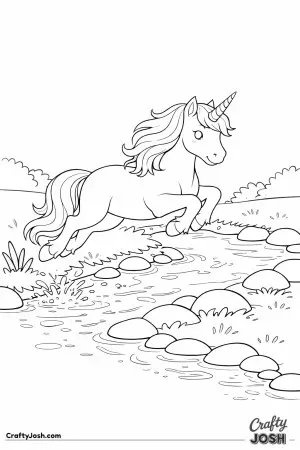 This unicorn is leaping over a small stream, with splashes of water below as it jumps