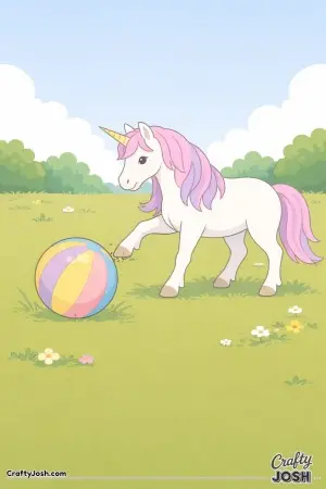 This unicorn is having a fun moment kicking a big soft ball across a grassy field