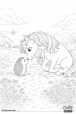 This unicorn shares a special moment with a small hedgehog among the flowers