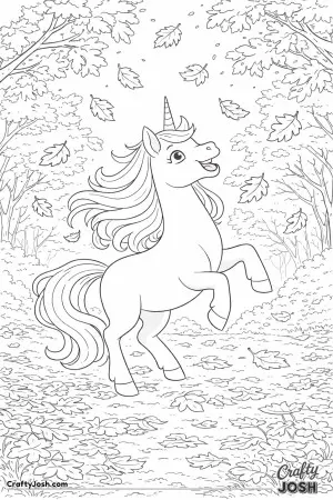 Surrounded by falling leaves, this unicorn enjoys a magical moment in the changing season