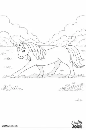 This unicorn is taking a slow, gentle stretch in a quiet grassy field