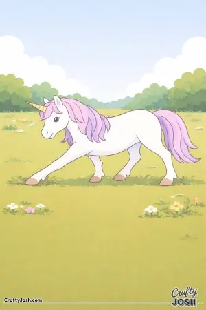 This unicorn is taking a slow, gentle stretch in a quiet grassy field