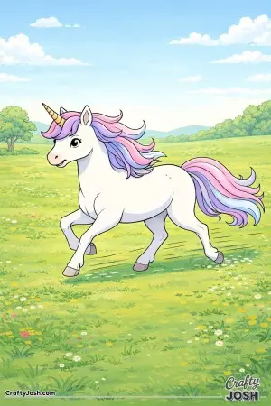 This joyful unicorn is racing across an open field, enjoying the feeling of running free under the wide sky