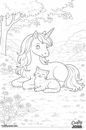In this serene scene, there is a unicorn and cat sharing a quiet break in nature