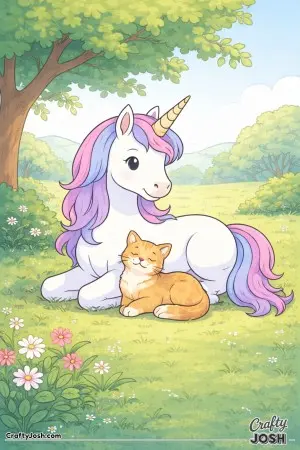 In this serene scene, there is a unicorn and cat sharing a quiet break in nature