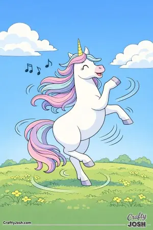 Dancing in the open field, this smiling unicorn looks like it’s having the best day ever
