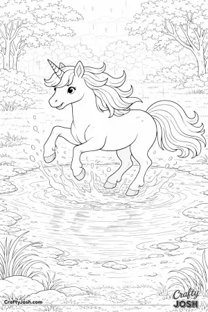 This playful unicorn is having fun splashing in a puddle, sending little drops of water flying with every step