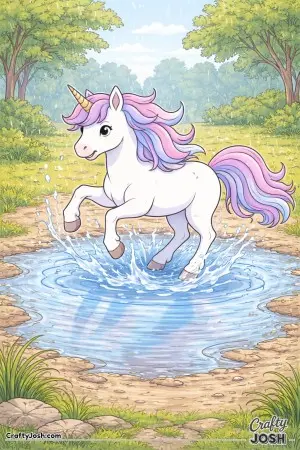 This playful unicorn is having fun splashing in a puddle, sending little drops of water flying with every step