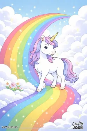 In this scene our unicorn has reached the end of a bright rainbow