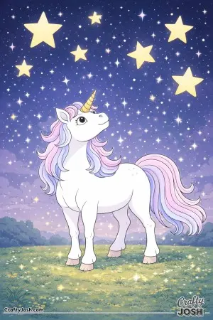 It's nighttime in this scene which sees a unicorn standing under a sky filled with bright stars and soft sparkles