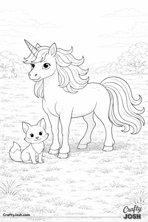 A unicorn and a friendly fox have stopped to pose together in an open grassy field