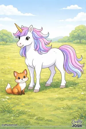 A unicorn and a friendly fox have stopped to pose together in an open grassy field