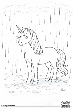 Raindrops fall all around as this peaceful unicorn stays calm and unbothered in the open air