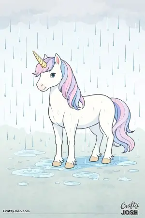 Raindrops fall all around as this peaceful unicorn stays calm and unbothered in the open air