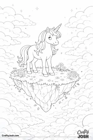 This unicorn has found a quiet place high in the sky, standing on a grassy island above the clouds