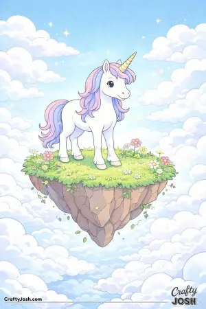 This unicorn has found a quiet place high in the sky, standing on a grassy island above the clouds