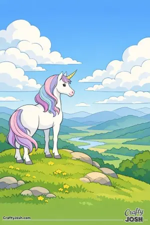 High above the valley, this gentle unicorn watches the clouds drift by from its hilltop view