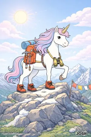 This brave unicorn is standing proudly on a mountain peak, enjoying the warm sunshine and fluffy pink clouds drifting by