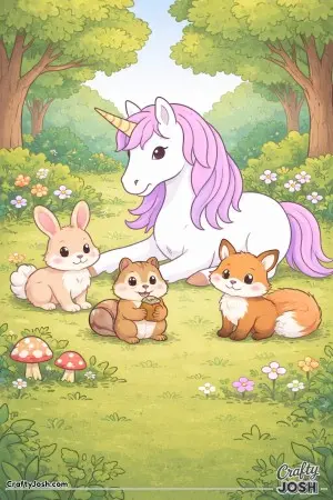 This unicorn is enjoying a friendly moment in the forest, surrounded by three happy woodland animal friends