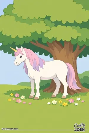This unicorn is enjoying a quiet moment under a big shady tree, surrounded by little flowers on the ground