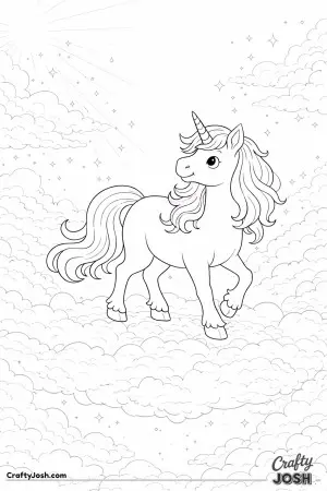 High in the sky, a unicorn walks across a cloud