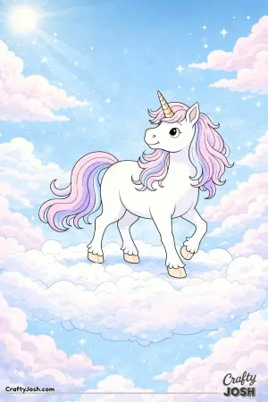 High in the sky, a unicorn walks across a cloud