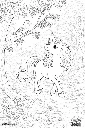 A curious unicorn pauses on its walk to look up at a little bird perched nearby