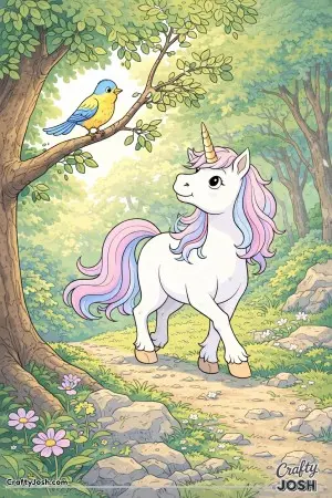 A curious unicorn pauses on its walk to look up at a little bird perched nearby