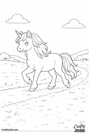 A happy unicorn walks along a quiet path, enjoying the open space and gentle movement around it