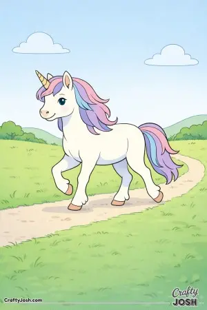 A happy unicorn walks along a quiet path, enjoying the open space and gentle movement around it