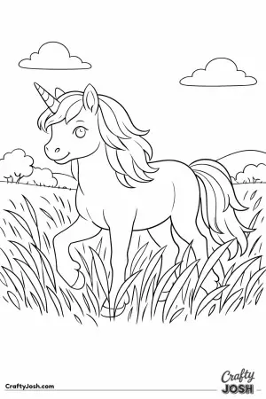 A unicorn walks through a grassy field, smiling as the grass sways around its legs