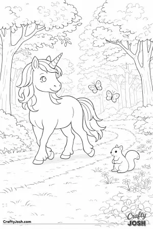 In this forest scene, a unicorn and a tiny squirrel enjoy watching butterflies together