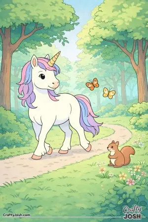 In this forest scene, a unicorn and a tiny squirrel enjoy watching butterflies together