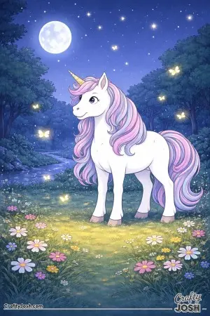 Under the night sky, this gentle unicorn enjoys a quiet moment surrounded by glowing fireflies