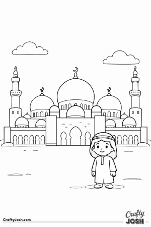 A calm visitor stands in front of the beautiful Abu Dhabi Grand Mosque under a wide, open sky