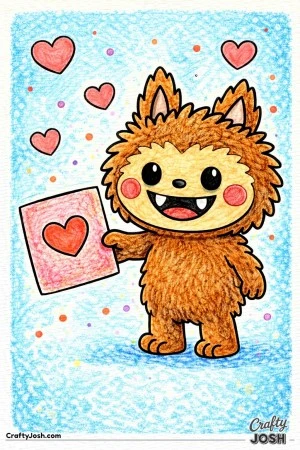 This sweet coloring page features a Labubu-inspired character standing still and happily holding out a Valentine card with a heart on the front