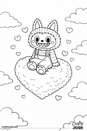 This Labubu-inspired coloring page features a friendly character sitting peacefully on a heart-shaped cloud, surrounded by floating hearts in a calm, ..