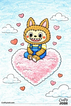This Labubu-inspired coloring page features a friendly character sitting peacefully on a heart-shaped cloud, surrounded by floating hearts in a calm, ..