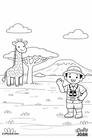 Say hello to a calm safari day in Kenya, where a gentle giraffe stands on the savanna and a happy guide welcomes you along