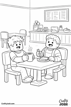 A relaxed Roblox-inspired coloring page showing two blocky friends enjoying an after-school snack at a small café table, with simple furniture, ..