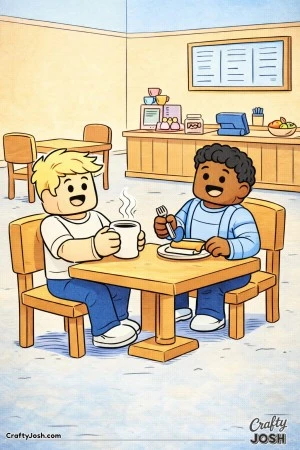 A relaxed Roblox-inspired coloring page showing two blocky friends enjoying an after-school snack at a small café table, with simple furniture, ..