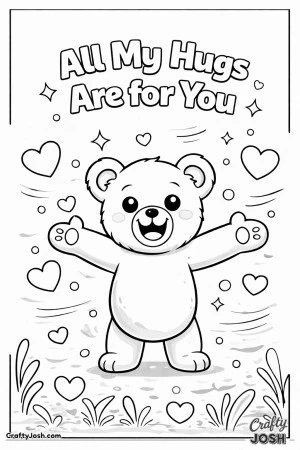 This sweet Valentine’s Day coloring page features a happy teddy bear with open arms and the message “All My Hugs Are for You.”