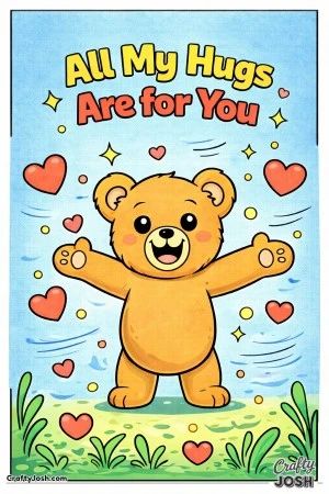 This sweet Valentine’s Day coloring page features a happy teddy bear with open arms and the message “All My Hugs Are for You.”