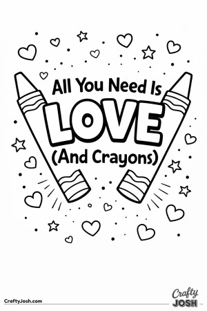 This playful Valentine’s Day coloring page celebrates love and creativity with the phrase “All You Need Is Love (And Crayons).”