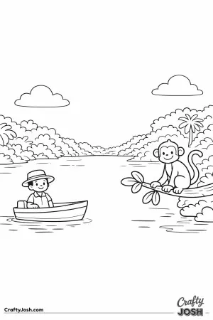 A friendly guide floats along the wide Amazon River while a curious monkey watches from a tree branch nearby.