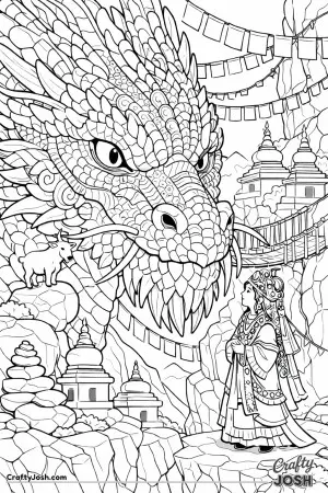 This picture shows a Himalayan princess standing on a high cliff as a gigantic ancient dragon leans in close