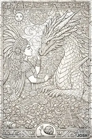 This mural scene shows a Mesoamerican-inspired princess and a mighty dragon carved into an ancient stone wall, surrounded by suns, moons, pyramids, ..