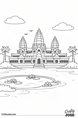 This peaceful Angkor Wat scene shows tall temple towers reaching up into a wide, open sky with birds flying by