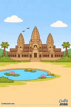 This peaceful Angkor Wat scene shows tall temple towers reaching up into a wide, open sky with birds flying by
